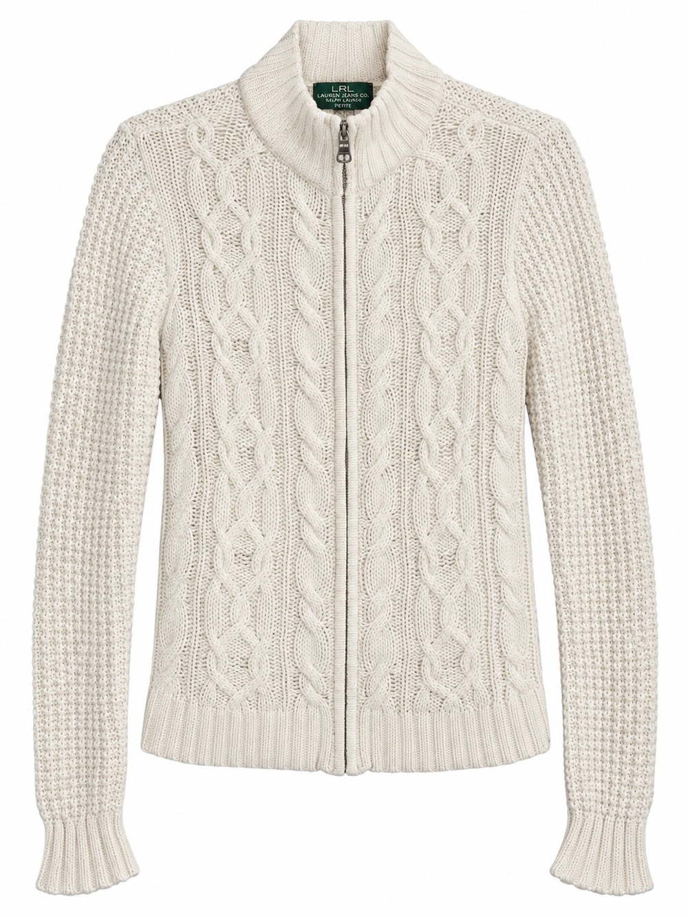 Ralph Lauren Jeans Co Cable Knit Full Zip Sweater Cream Petite Small PS
